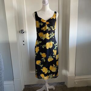 VTG Amorose Sweetheart Yellow Floral Black Dress Sz 6 Garden Party Hostess
